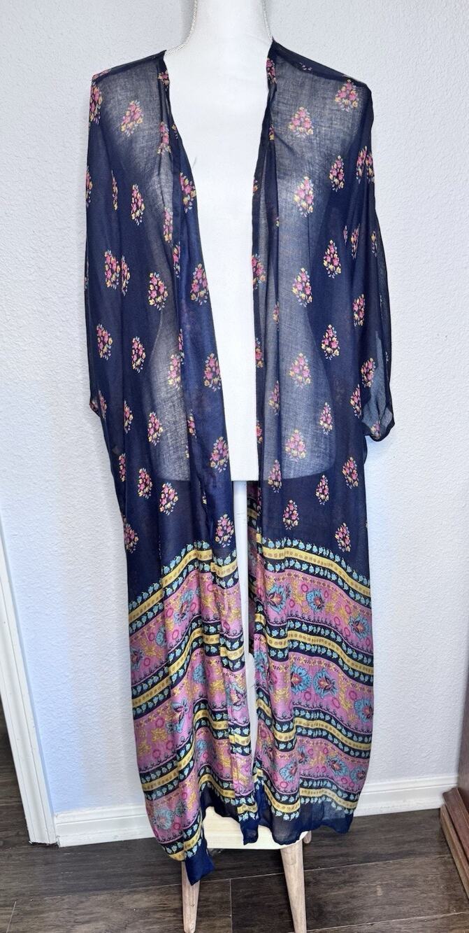 Natural Life NWT Women’s One Size Kaftan Open Front Cover Up Kimono Navy Floral